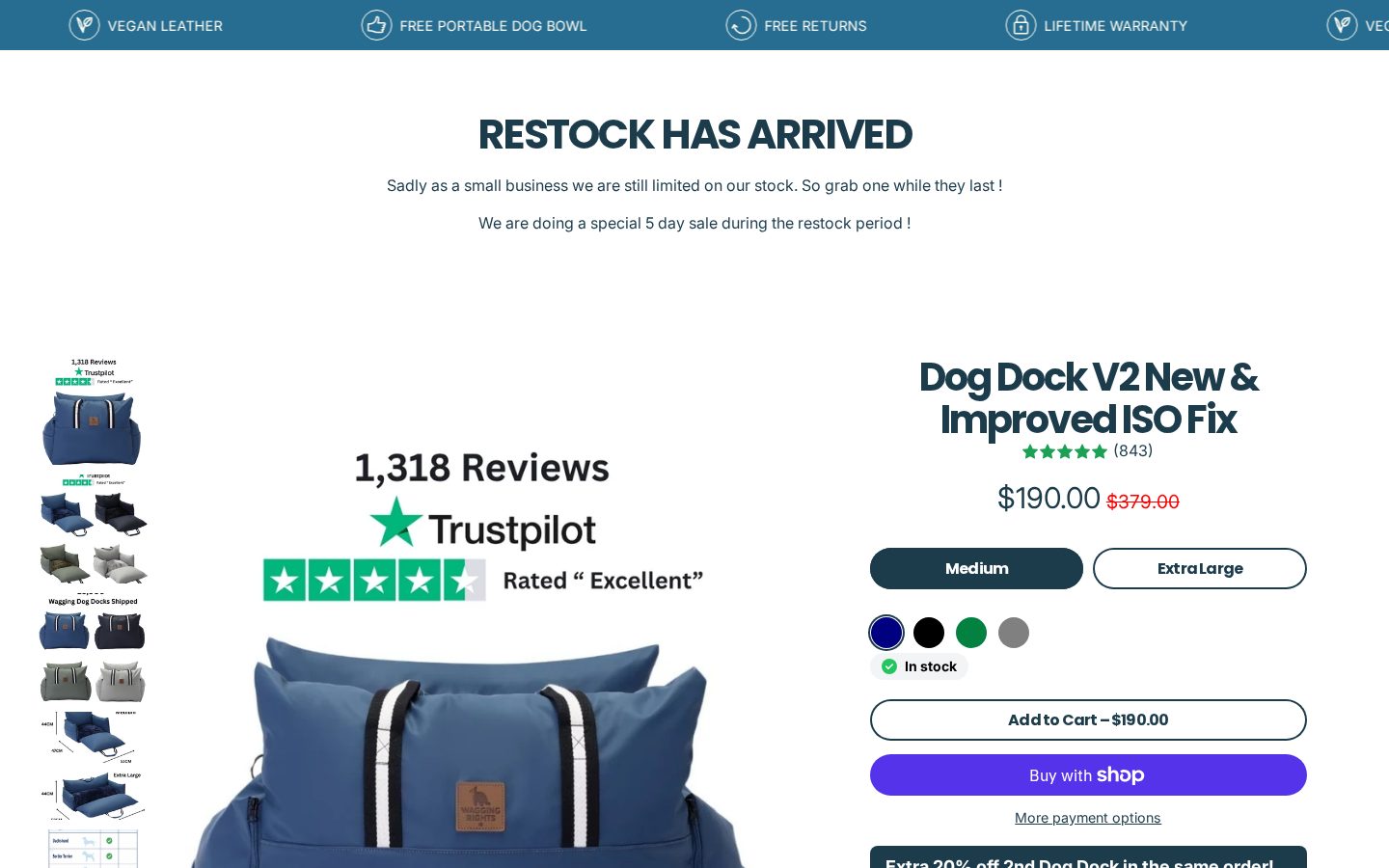 The Wagging Rights product page for the Dog Dock V2 ISOFIX car bed