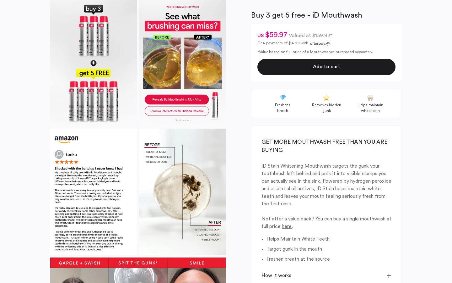 The Hismile product page for the iD Mouthwash Buy 3 get 5 free bundle