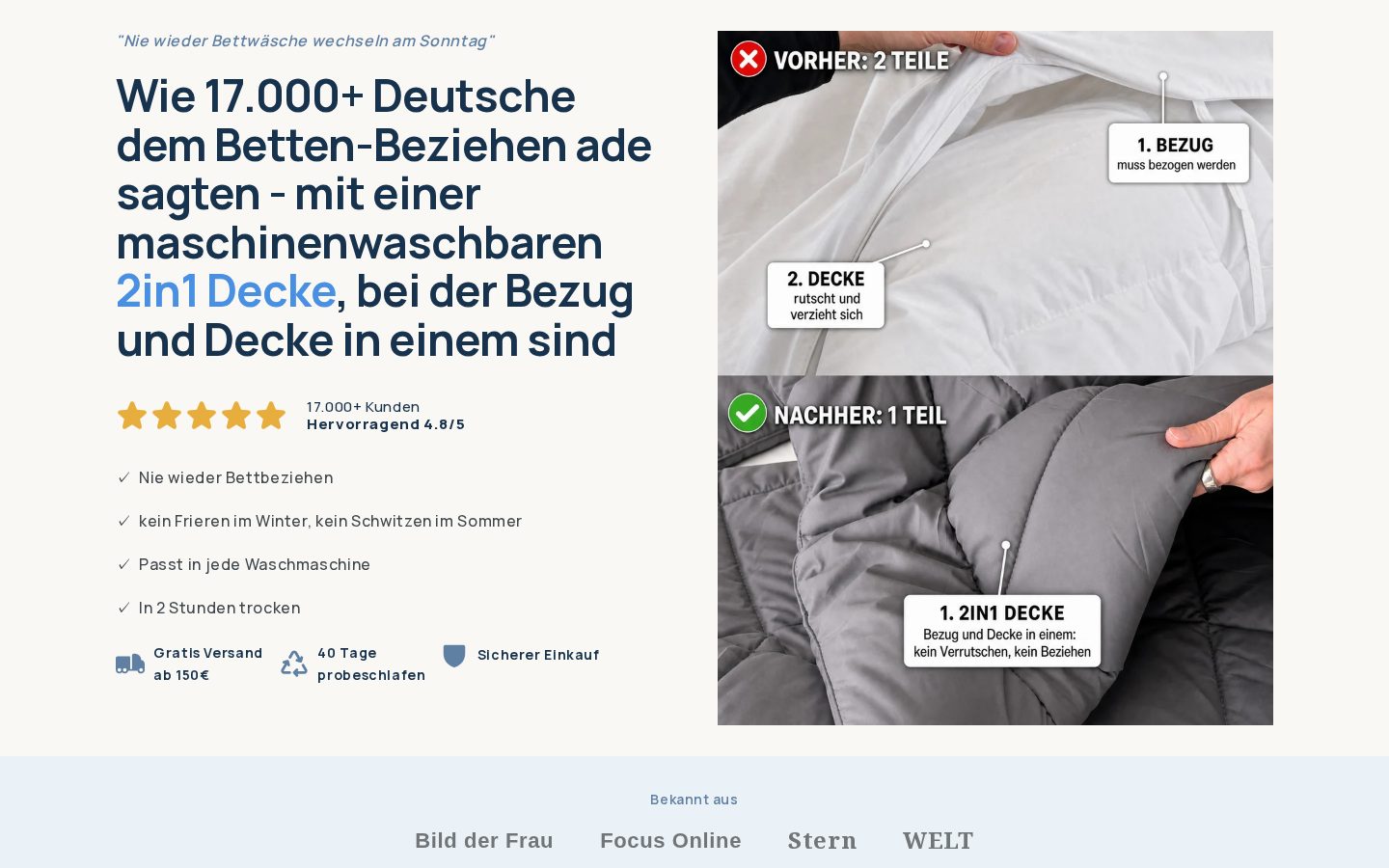 The Magic Splashy product page for the EasySleep 2-in-1 year-round duvet