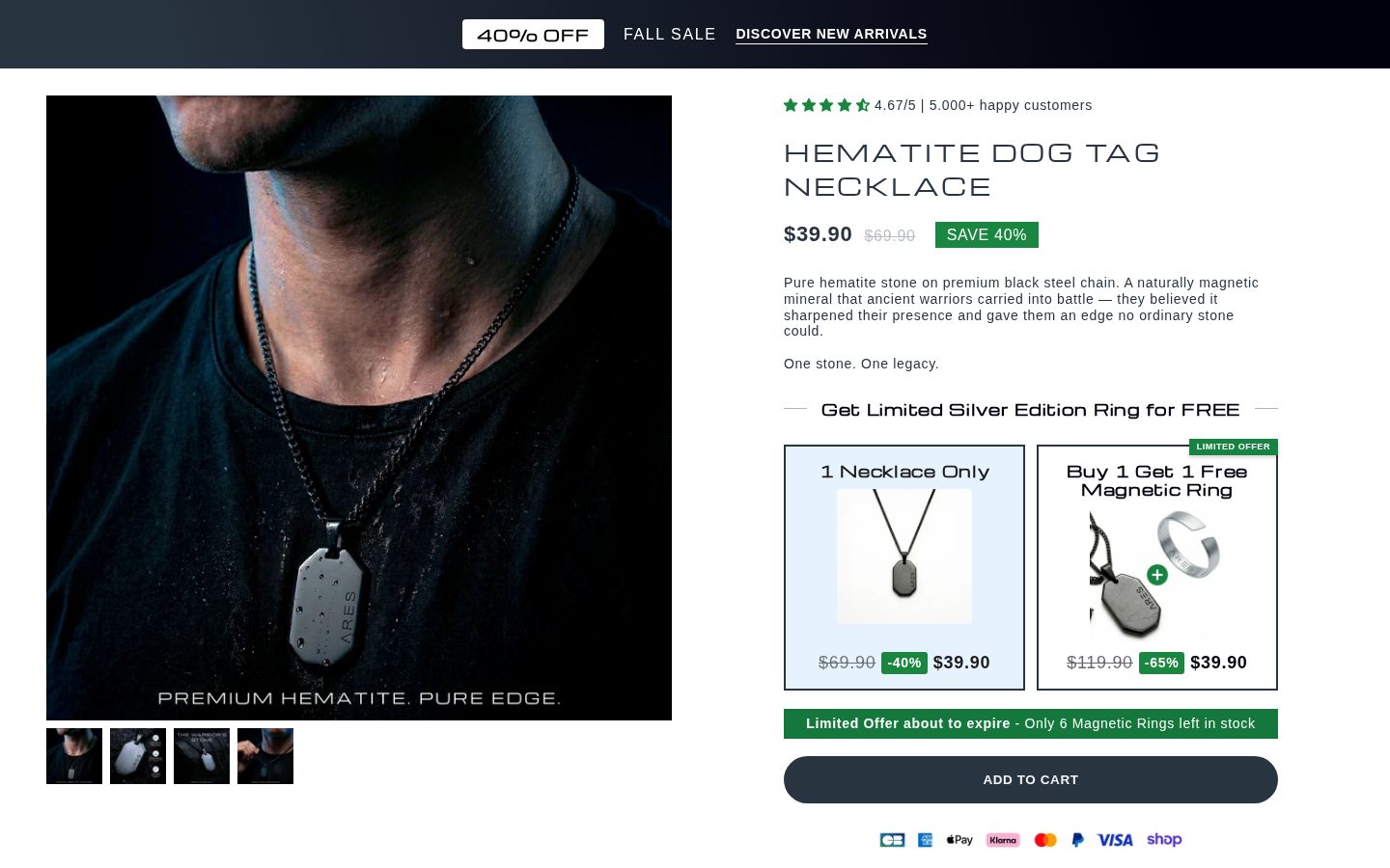 The ARES product page for the Hematite Dog Tag Necklace