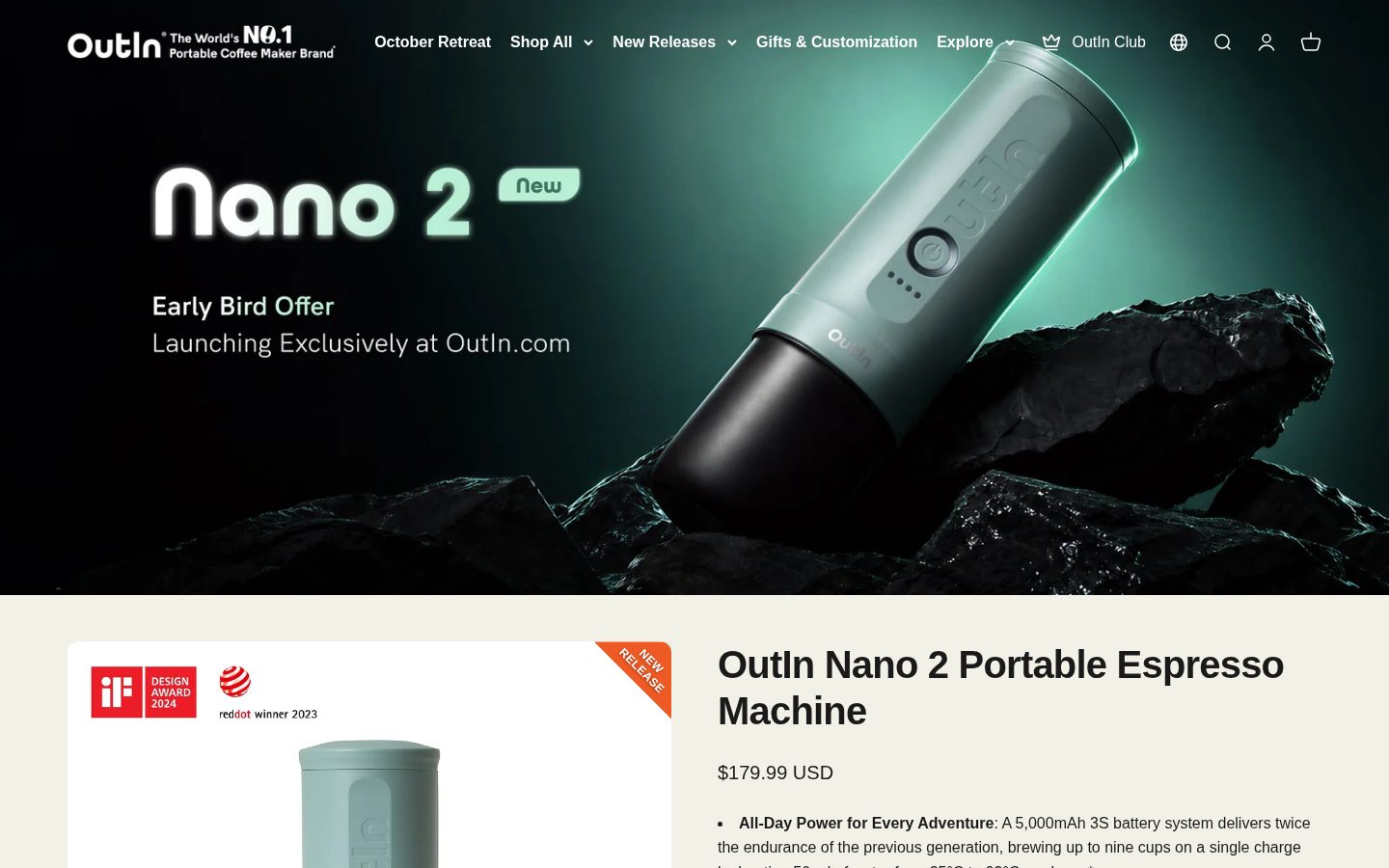 The OutIn product page for the Nano 2 portable espresso machine